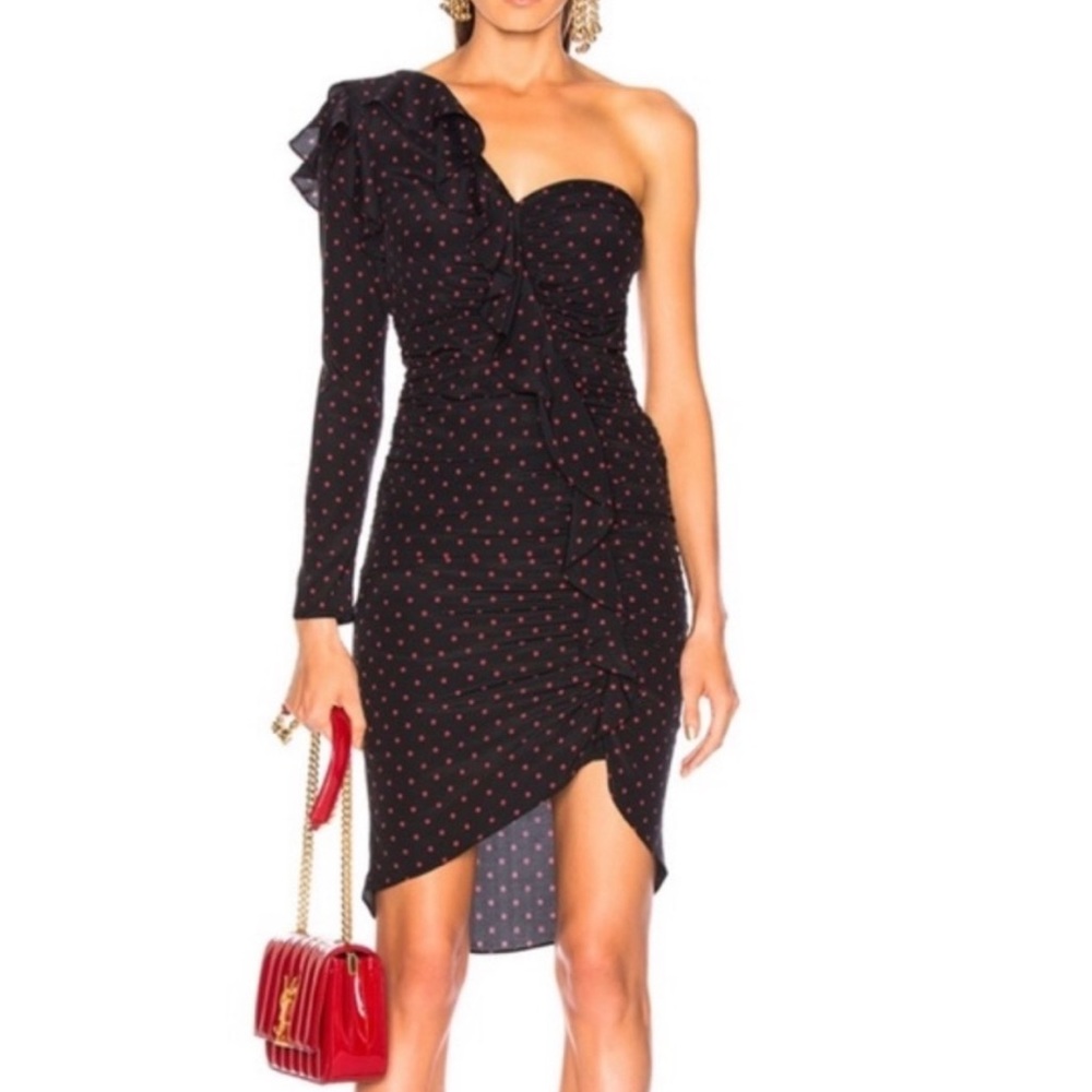Veronica Beard Black and Red One Shoulder Ruffle Polka Dot Dress Leona